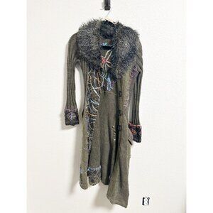 Grifflin Paris Duster Cardigan Patchwork Fur Collar Embroidered Mohair Blend S